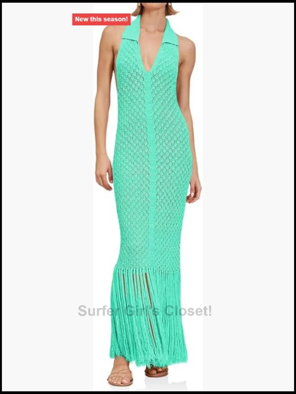 Halter Crochet Cover Up Fringe Backless Sleeveless V Neck Beach Maxi Dress